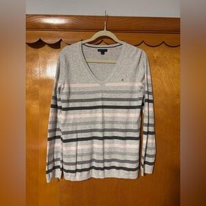 Tommy Hilfiger Gray & Pink Striped V-Neck Sweater
